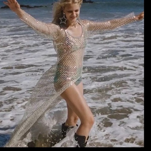 For Love & Lemon’s Fawn long sleeve silver sparkling fishnet dress NWT - Picture 8 of 11